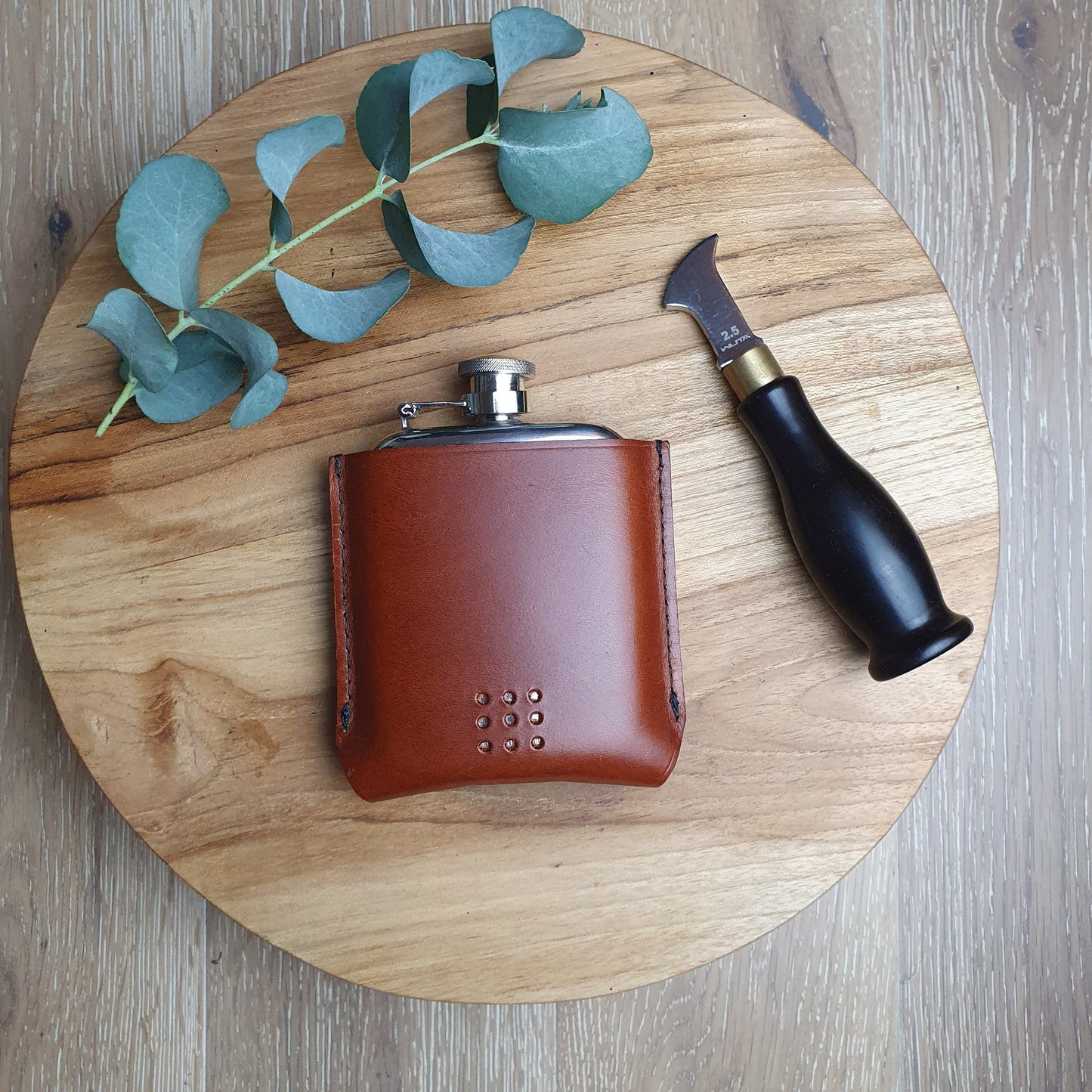 'Aspen' Rounded Pewter Hip Flask with Bespoke Handmade Leather case