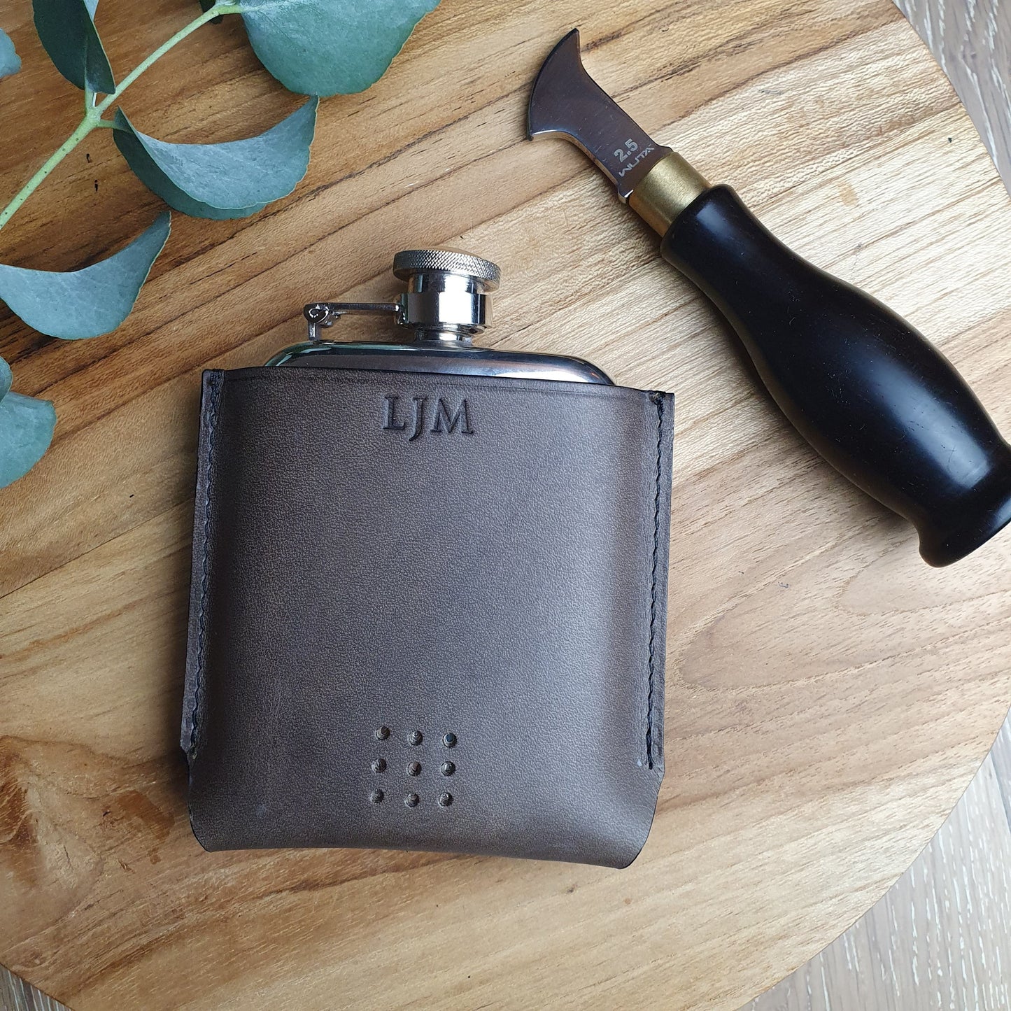 'Aspen' Rounded Pewter Hip Flask with Bespoke Handmade Leather case