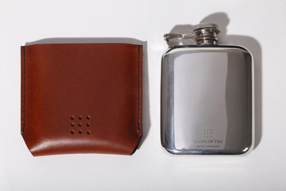 'Aspen' Rounded Pewter Hip Flask with Bespoke Handmade Leather case