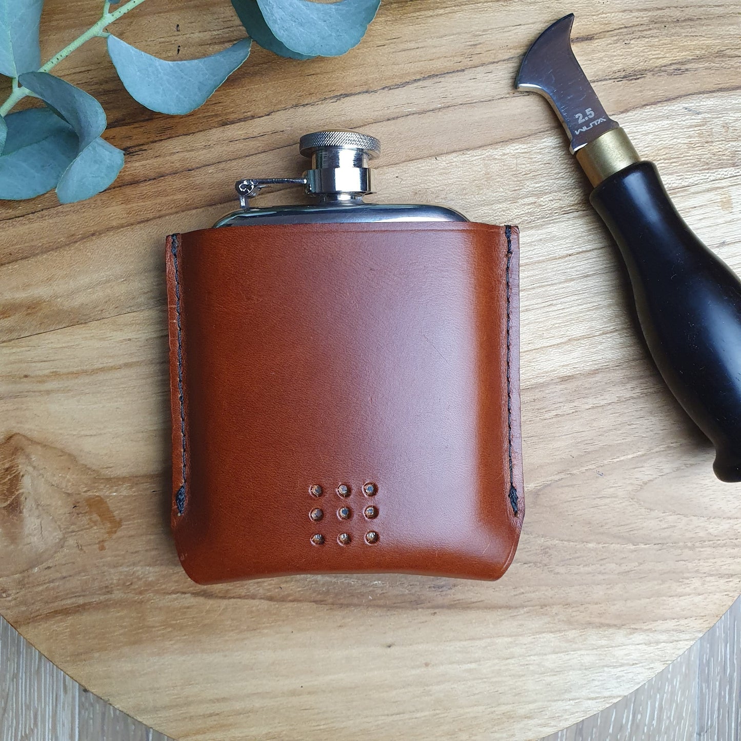 'Aspen' Rounded Pewter Hip Flask with Bespoke Handmade Leather case