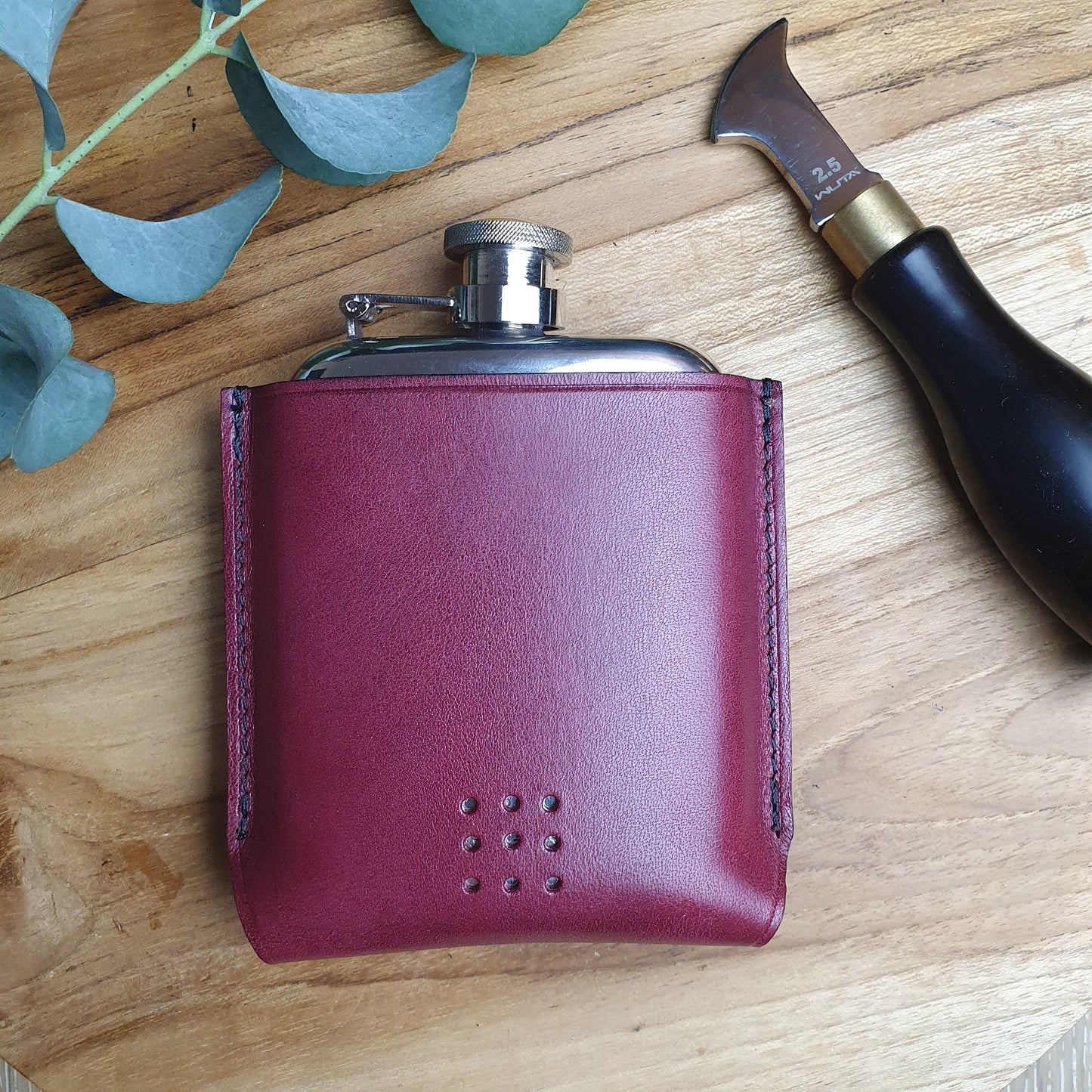 'Aspen' Rounded Pewter Hip Flask with Bespoke Handmade Leather case