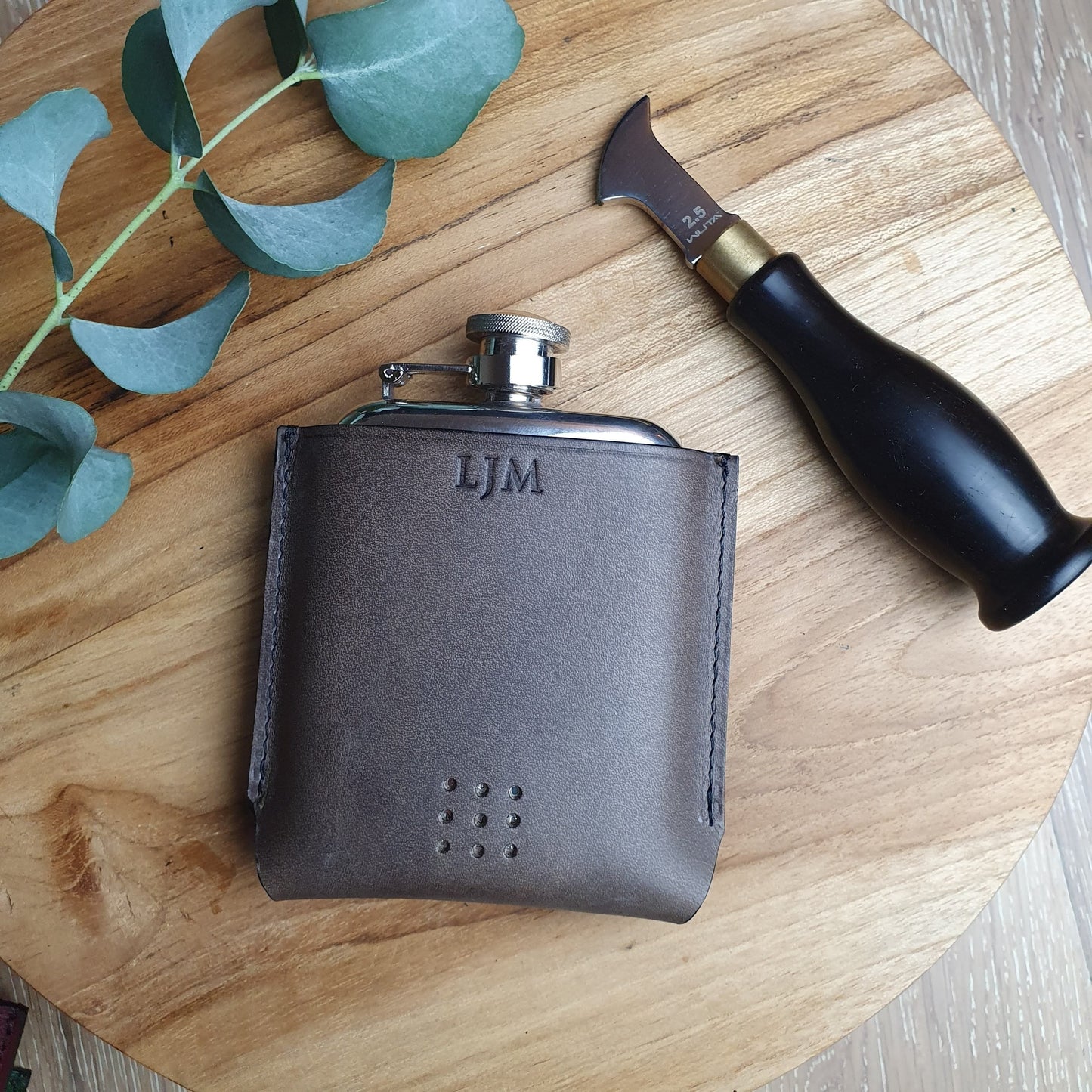 'Aspen' Rounded Pewter Hip Flask with Bespoke Handmade Leather case