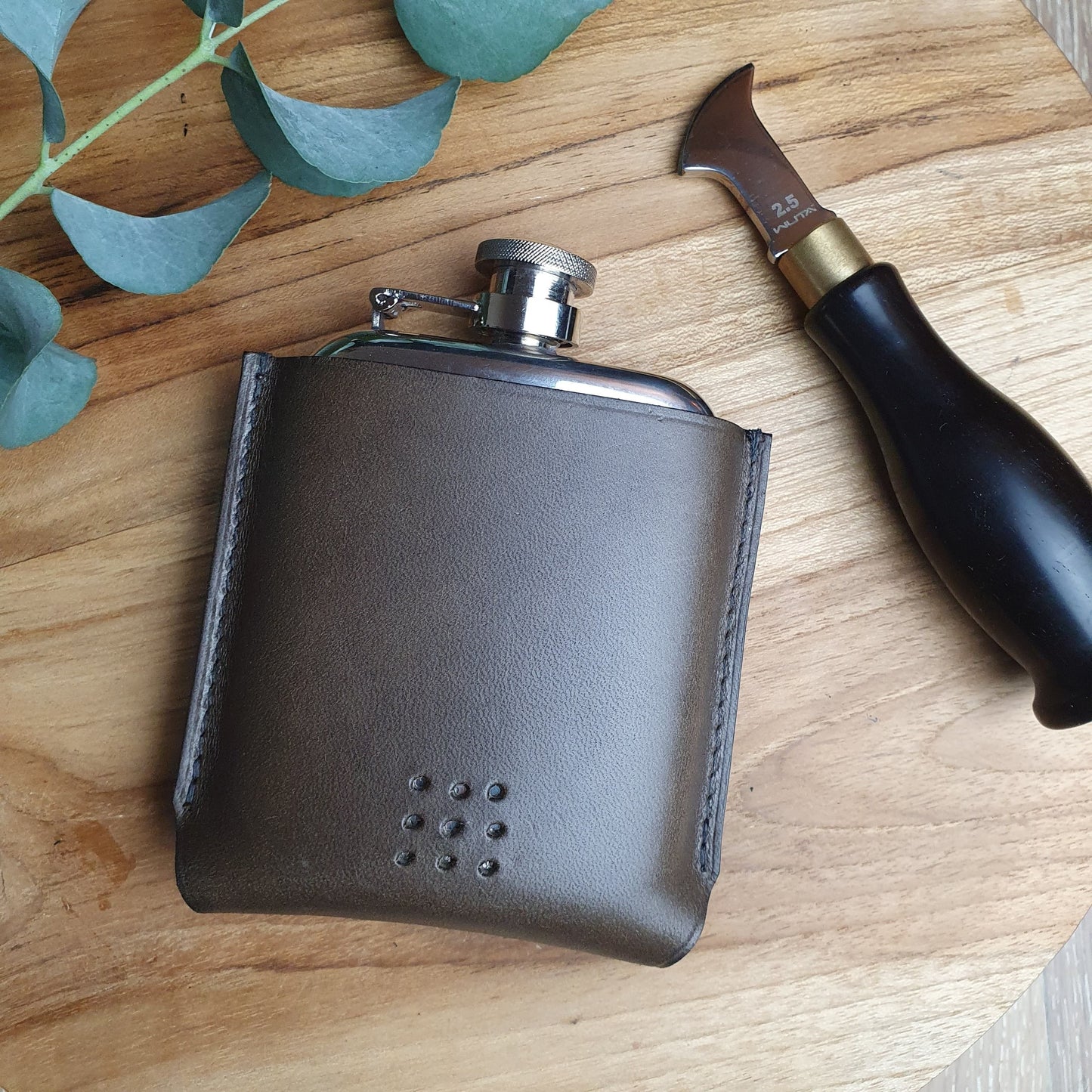 'Aspen' Rounded Pewter Hip Flask with Bespoke Handmade Leather case