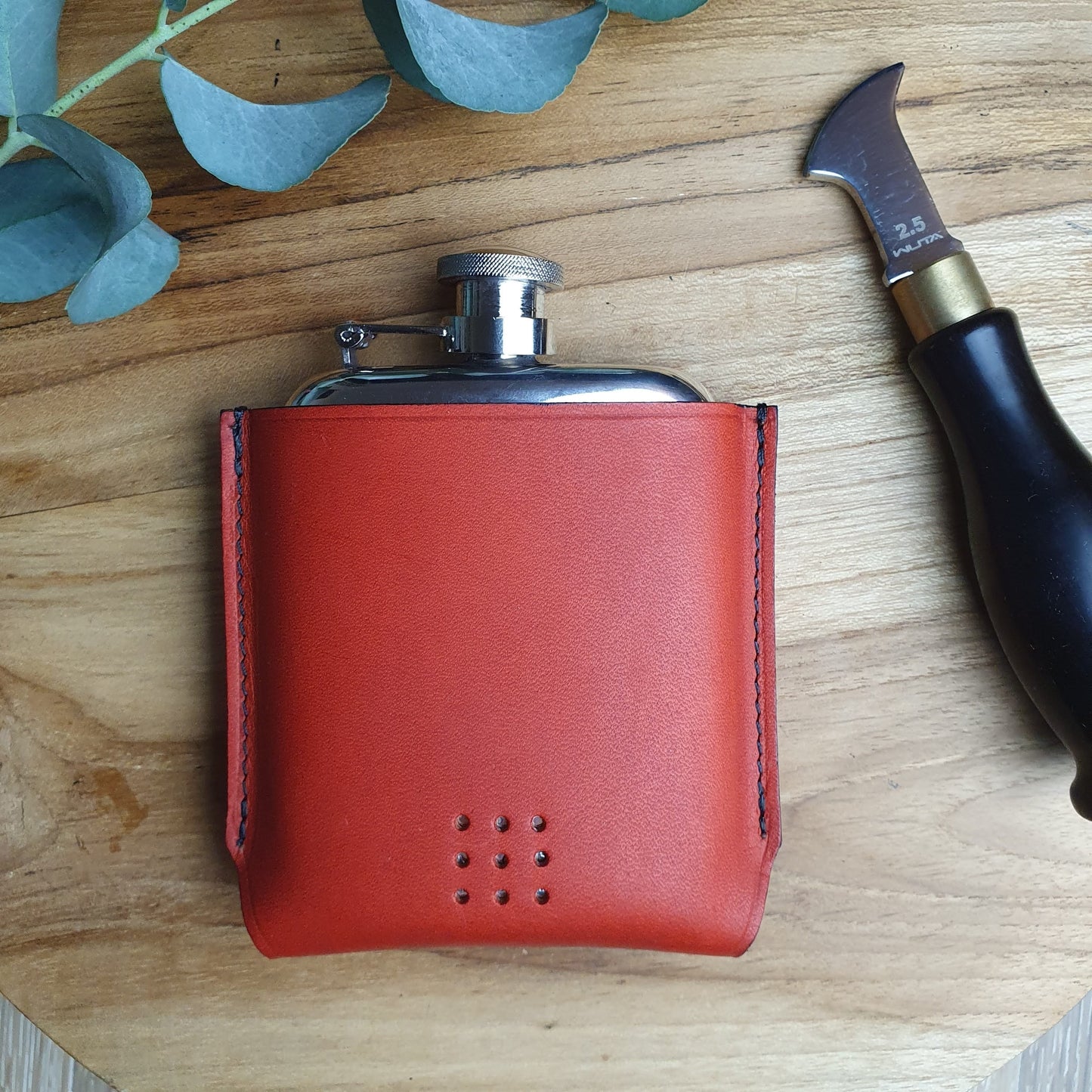 'Aspen' Rounded Pewter Hip Flask with Bespoke Handmade Leather case