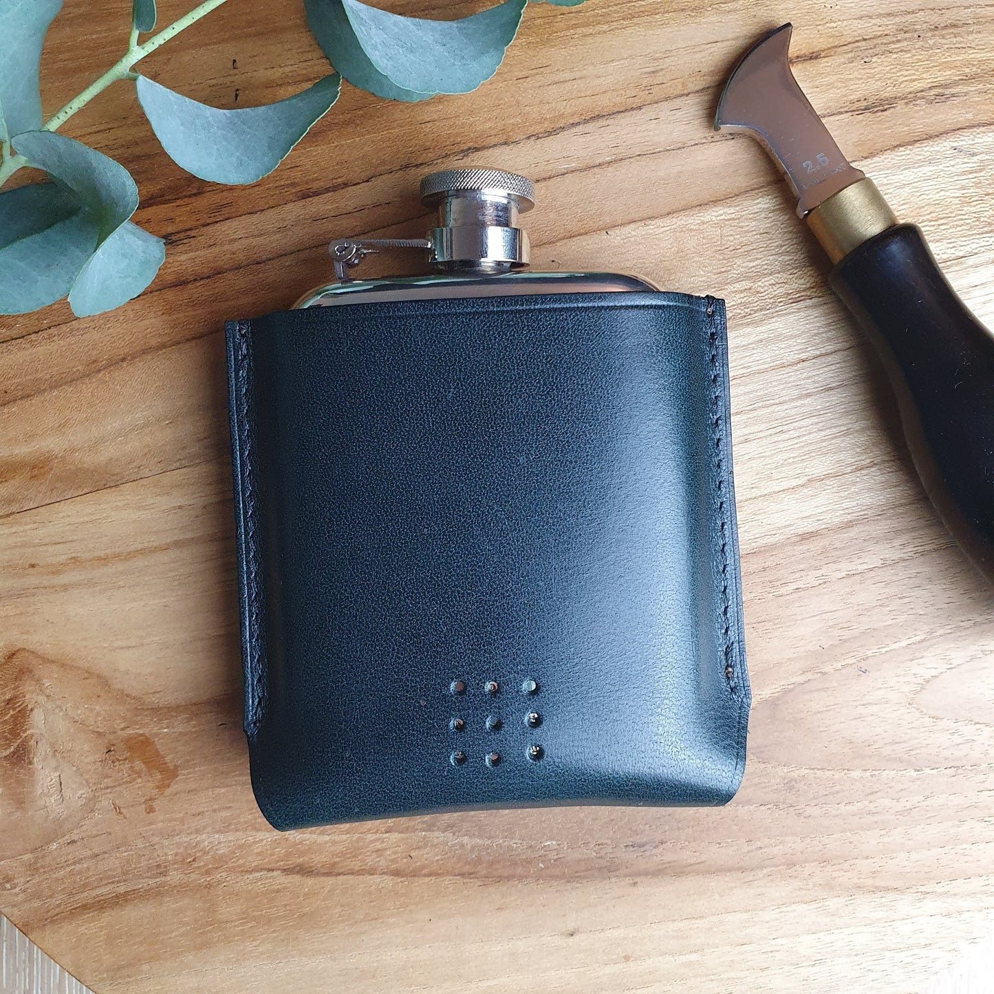 'Aspen' Rounded Pewter Hip Flask with Bespoke Handmade Leather case