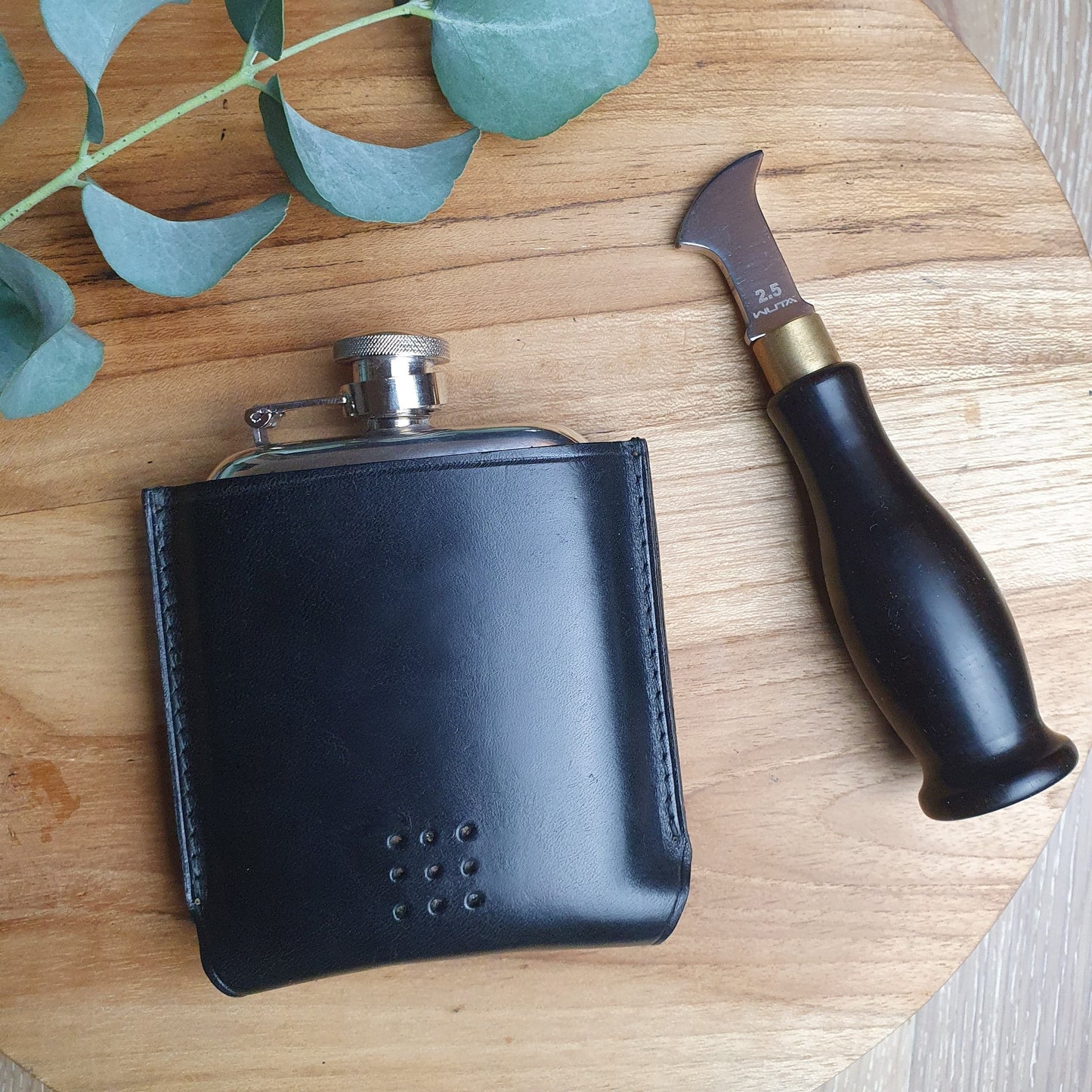 'Aspen' Rounded Pewter Hip Flask with Bespoke Handmade Leather case
