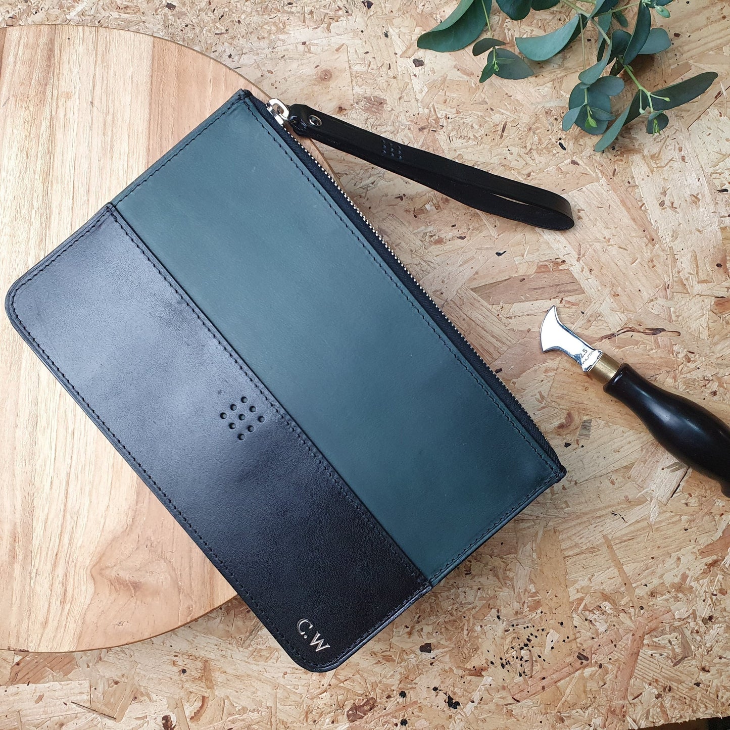 'Birch' Bespoke Handmade Leather Zip Top Pouch / Clutch Bag