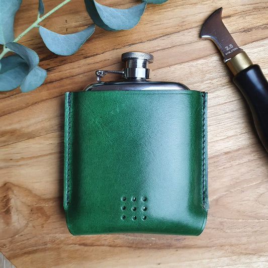 'Aspen' Rounded Pewter Hip Flask with Bespoke Handmade Leather case